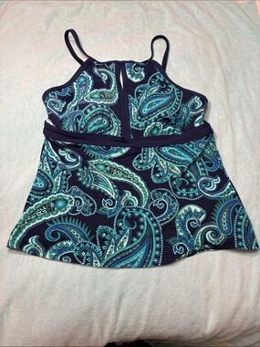 Lands’ End Blue Aqua Paisley Pattern Halter Neck Swim Tankini Top Size 14L
